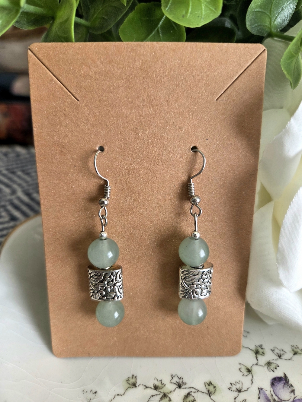 Silver-Tone Green Jade Bead Drop Earrings